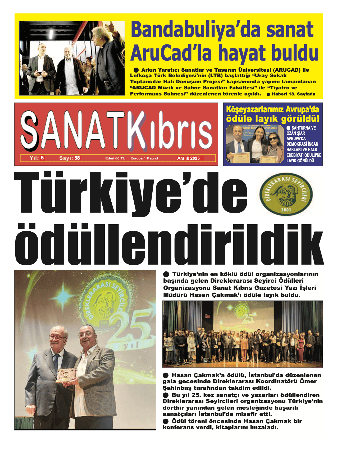 Sanat Kıbrıs Gazetesi İlk Sayfa